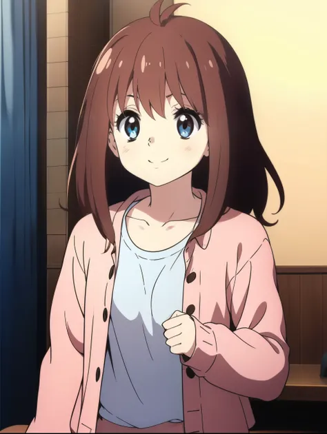 Ai shindou, 1girl, solo, long hair, floating hair, white tank up shirt,white tank up shirt, brown hair,  long sleeves, blue sea eyes, plaid,  smile, cover mouth  and nose with both hands, sweat pant, ribbon, sweat pant Shot,
home in the room,
masterpiece, ...