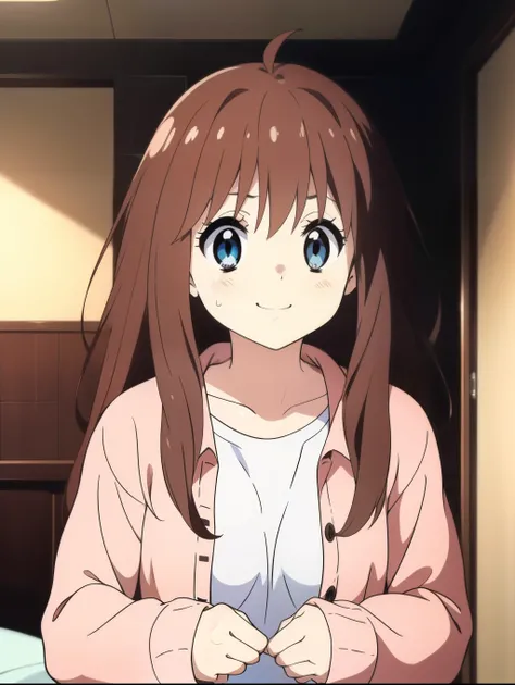 Ai shindou, 1girl, solo, long hair, floating hair, white tank up shirt,white tank up shirt, brown hair,  long sleeves, blue sea eyes, plaid,  smile, cover mouth  and nose with both hands, sweat pant, ribbon, sweat pant Shot,
home in the room,
masterpiece, ...