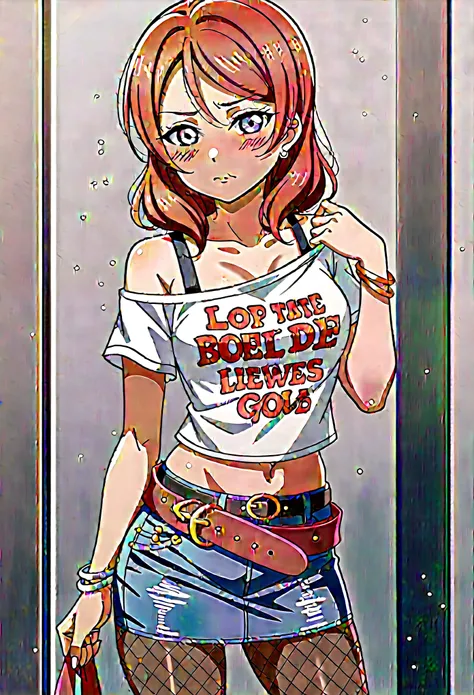 realistic anime art style, love live,nishikino maki love live,red hair ,medium hair ,purple eyes ,blushing ,brown off shoulder top , detached short sleeves ,black brea straps ,jeans pencil skirt ,belt ,brown fishnet pantyhose ,clothes writing ,black eye s...