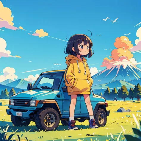 Highest quality, masterpiece, Tyrannosaurus, hoodie, girl, grassland, blue sky, volcano, sunny, Gah