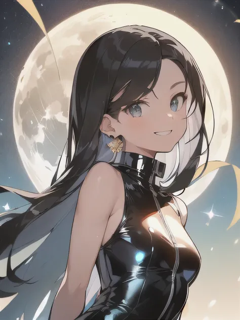 (Butiful black hair:1.6),Long Hair,(Straight hair:2.0),Center Parting,Gorgeous big eyes,((boyish:1.8)),Dark Eyes,(tall),(scrawny),(((A confident smile))),Medium Bust,high school girl,(golden circle earrings),BREAK,full bodysuit,latex,sleeveless,(shiny clot...