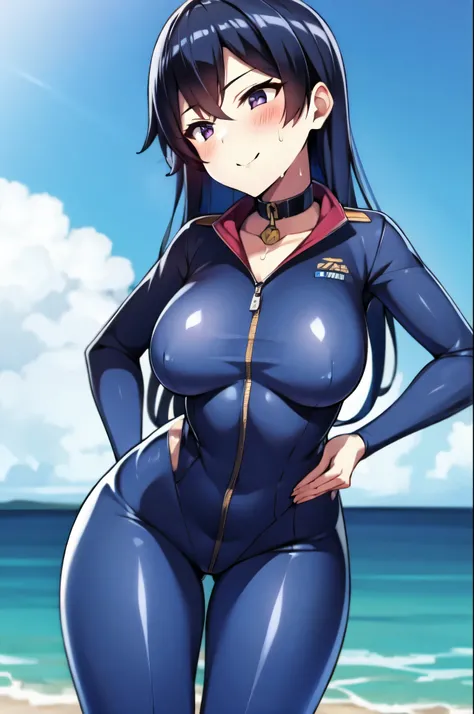 （（super high quality,））（（Ultra-high resolution,））（16K,）（super masterpiece,）（（Ultra HD ,））（Detailed shading,）（（Full Color,））Upper body photo,Sea in clear skies,Looking up from below,One Girl,（（A shiny navy blue skin-tight sweatsuit,Open from neck to chest:1...