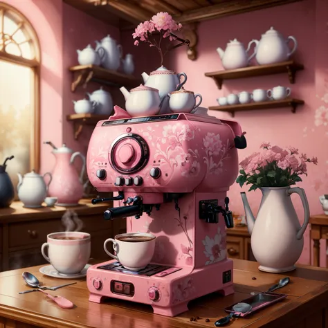 masterpiece, absurdres, extremely detailed, madeofdelftwareai, pink delftware, coffee machine, day, volumetric lighting,