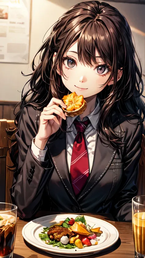 Beautiful long black hair Iris cute White skin Beauty high school girl blazer Pastry shop Inside the store Table seating face to face pot Hot Tea tart tie smile