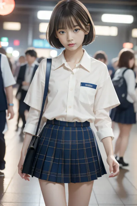 photorealistic, extremely delicate and beautiful, ultra-detailed, (best quality, 8k, 32k, masterpiece, UHD:1.2), SIGMA 35mm F22, ISO 400, Photo of 17yo pretty Japanese girl walking in train station platform, JK school uniform, short sleeves, ribbon, blue p...