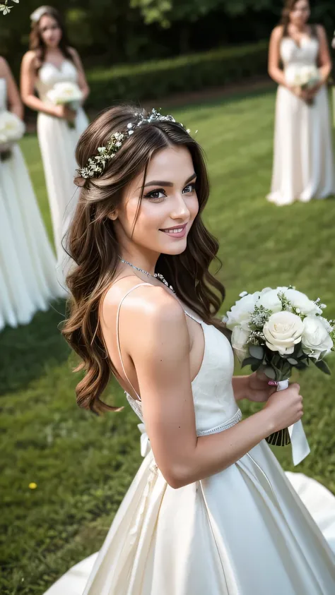 Realistic upper body photo of a brunette flower girl aged 23 with long Hair, beautiful smile and ready for a kiss. Flower in the Hair, Necklace, She smiles in the camera in a long A-line weddingdress with straps made of shiny satin..., Park,Glamour photosh...