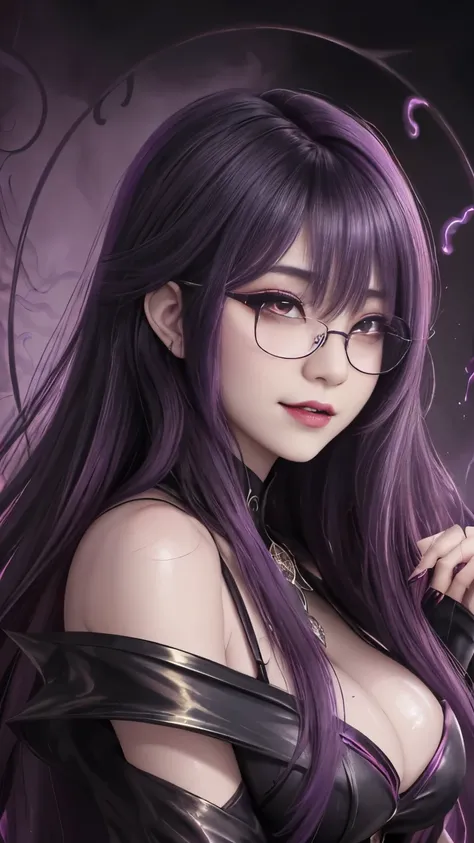 Powerful super evil female poses in closeup, Black Goddess (Expose your shoulders), length, Flowing purple hair, (((Glasses、Big Breasts))),View your audience, Highly detailed face, Perfect hands, Pink smoke swirling around her, Love evil things, Captivatin...