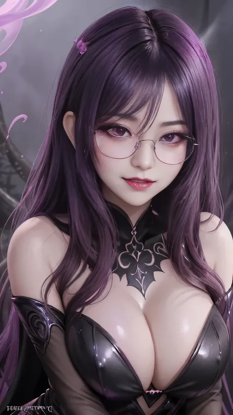 Powerful super evil female poses in closeup, Black Goddess (Expose your shoulders), length, Flowing purple hair, (((Glasses、Big Breasts))),View your audience, Highly detailed face, Perfect hands, Pink smoke swirling around her, Love evil things, Captivatin...