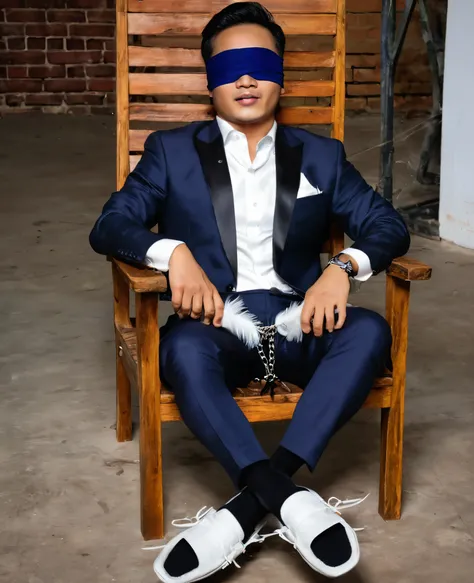 Malaysia malay handsome 21 years celebrity. Hand Tied behind with chain on wooden chair the tickle machine feet in abondon warehouse Blindfolded Formal outfit.black smelly sock feet expose . Mafia tickling his sock feet with a feather on feet tickling 