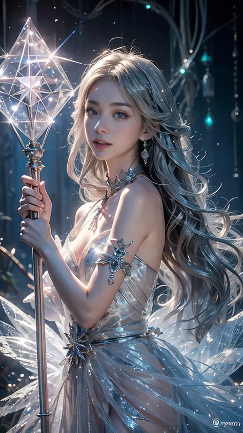 a beautiful magical girl, good face, happy face, very long hair, realistic eyes, small breasts, fairy magician, magical elemental, intricate design and details, chilling mist, blizzard storm, conjuring magic spell, casting magic spell, detailed dress, (sil...