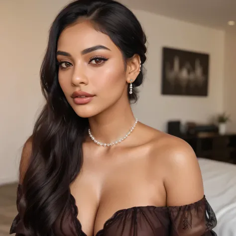 Create an ultra-realistic image of a modern, attractive female influencer of Indian descent, aged between 27 to 30. She should have a warm and inviting smile, expressive almond-shaped eyes with a slight shimmer, and clear, glowing skin with a medium brown ...