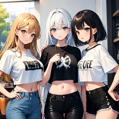 3 girls one white and the other two are black oen is wearing a crop top and a jeans and the other was whereing a t shirt and pant the other shirt and Shorts they are in a cafe drinking smoothie they are best friends they are thin bueatiful and kind  