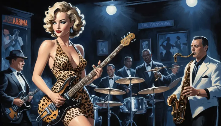 alabama bar, blue note, charismatic, baterist, guitarist, saxophonist, jazz band, leopard skin dress, illustration, noir fantasy, sexy lady, 