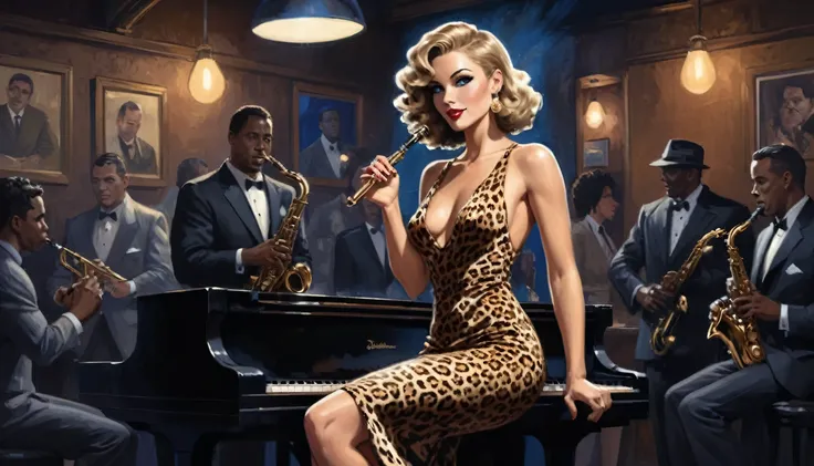 alabama bar, blue note, charismatic, baterist, pianist, saxophonist, jazz band, leopard skin dress, illustration, noir fantasy, sexy lady, 