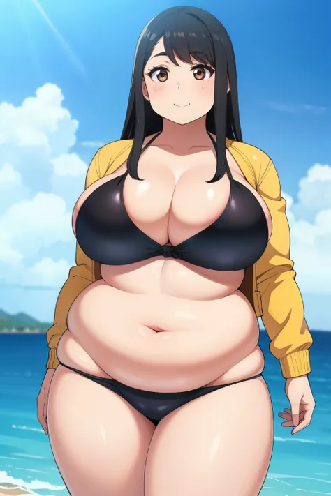 Plump year 21 big breasts black hair brown eyes chubby happy longer hair smile blushing deredere jacket swimsuit 