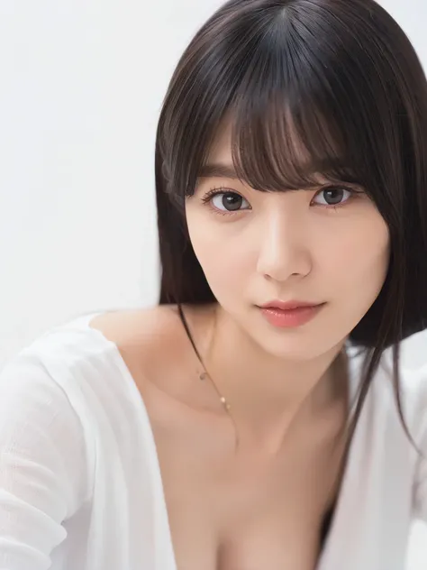 1girl, 25years old woman, cute face, Small breasts, medium breasts, large breasts, beautiful face, (perfectly detailed face), ((looking at viewer)), Simple Background, ((white background)), ((white wallpaper)), White skin, (bright lighting:1.2), perfect li...