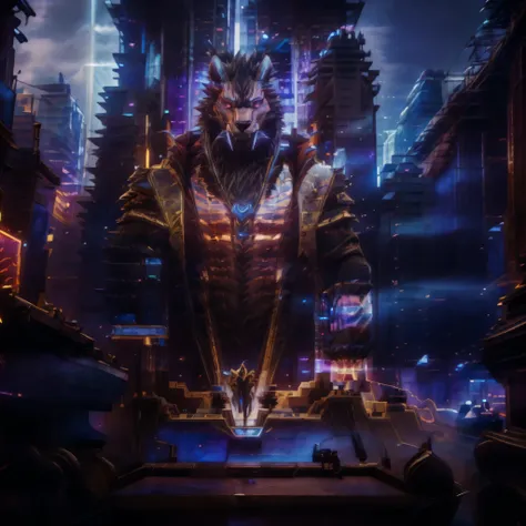 the king stands on the roof of a skyscraper and looks at the city of the future, cyberpunk, a beautiful futuristic cyberpunk cit...