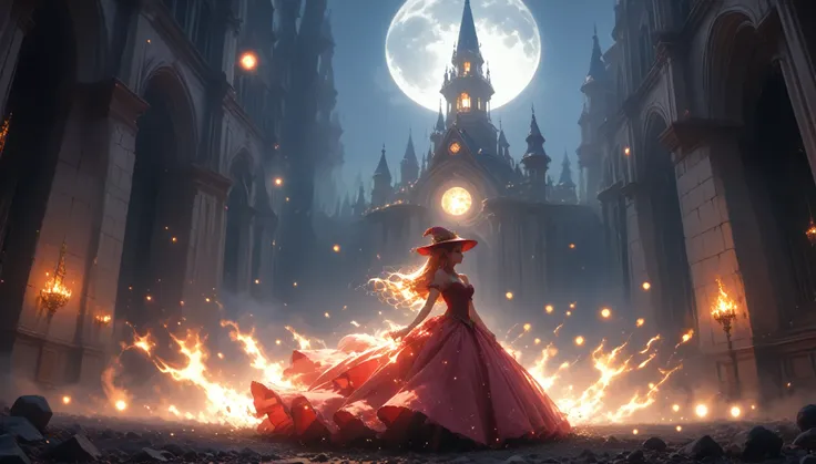 black big castle istanbul, dome, girl in a luxurious dress that sparkles like star dust, standing in the clearing, the moon shin...