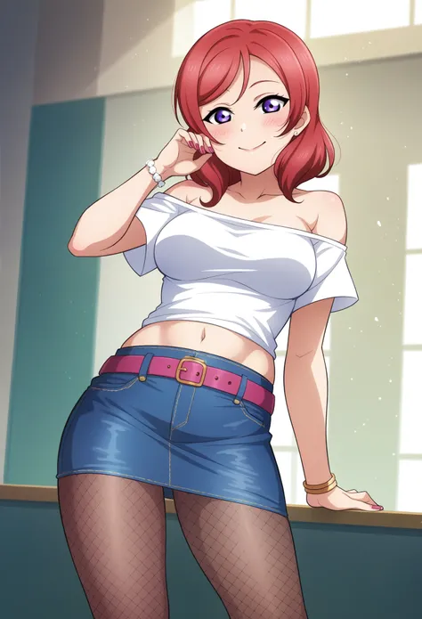 realistic anime art style, (mature woman:0.7),love live,nishikino maki love live,red hair ,medium hair ,purple eyes ,blushing ,brown off shoulder top , detached short sleeves ,black brea straps ,jeans pencil skirt ,belt ,brown fishnet pantyhose ,black eye ...
