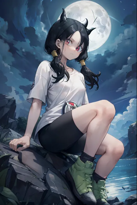 He saw,Saw 2,Low twin tails,White T-shirt,badge, bicycle_Shorts,Green shoes,Cool look,((hell:1.4)),super high quality,Highest quality,4k quality,Energy Wave,Full body image,Nice,aura,night,full moon,Glowing red eyes,stand with feet apart,Hands down,Black H...