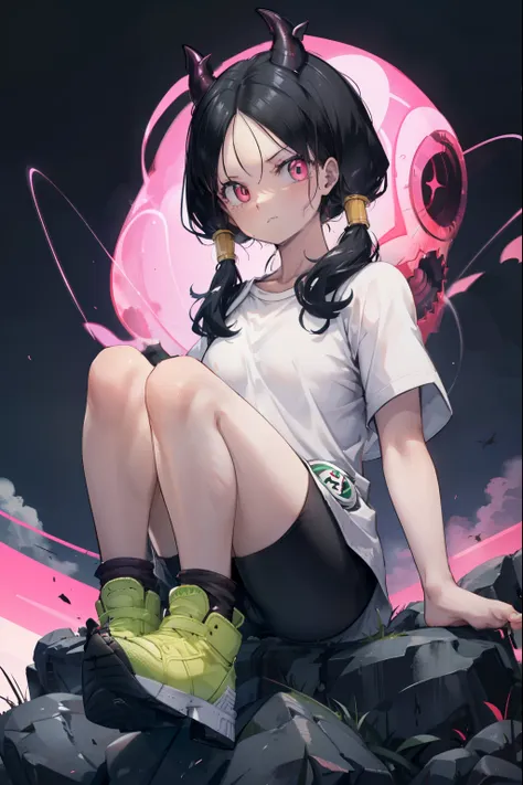 he saw,saw 2,low twin tails,white t-shirt,badge, bicycle_shorts,green shoes,cool look,((hell:1.4)),super high quality,highest qu...