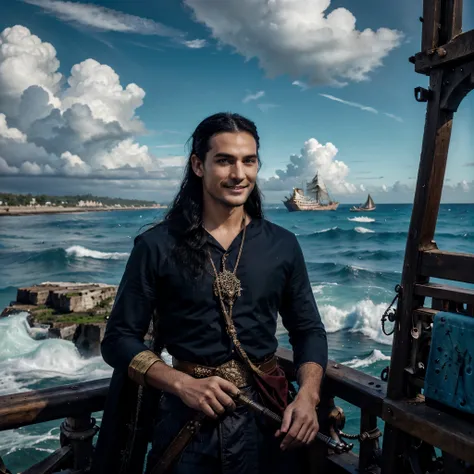 a man with piercing blue eyes, chut thai outfit, foxy smile, long black hair, sharp facial features, holding antique arquerbus rifle, sailing on ancient wooden ship, giant wave, dramatic sea, ultra-detailed, dramatic clouds, dramatic ocean, dramatic sky, f...