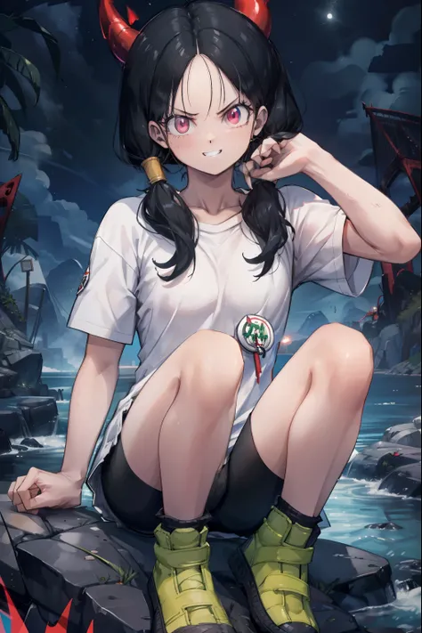 He saw,Saw 2,Low twin tails,White T-shirt,badge, bicycle_Shorts,Green shoes,Cool look,((hell:1.4)),super high quality,Highest quality,4k quality,Energy Wave,Nice,aura,night,full moon,Glowing red eyes,stand with feet apart,Hands down,Black Hair,Sitting on t...