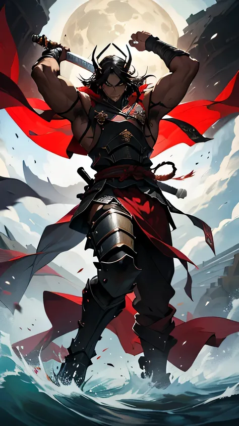 Erens Attack Titan stands towering over the battlefield, now wearing a full suit of samurai armor that gleams with intricate patterns of dragons and waves etched in black, red, and gold. The armors metal plates fit snugly over his muscular frame, with thic...