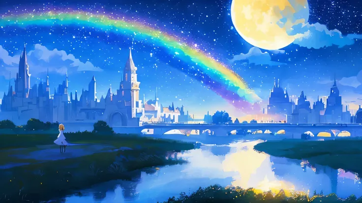 ((huge pale yellow moon))((A girl who looks up at her profile and is subjectively depicted))、((crying girl))、Profile girls、On a multicolored background、Painting of a river with stars and moon in a rainbow sky、Shining skyscrapers、shine all over、Concept art ...