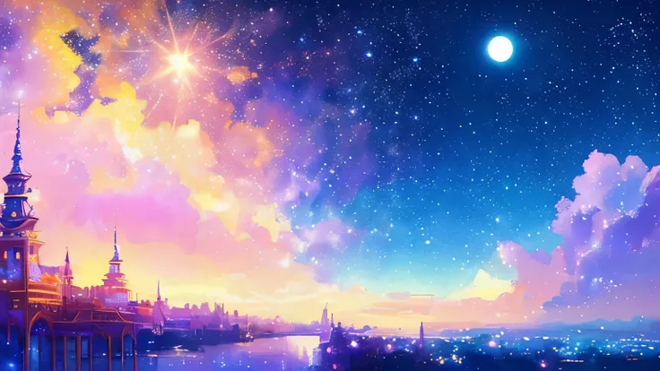 ((huge pale yellow moon))((A girl who looks up at her profile and is subjectively depicted))、((crying girl))、Profile girls、On a multicolored background、Painting of a river with stars and moon in a rainbow sky、Shining skyscrapers、shine all over、Concept art ...