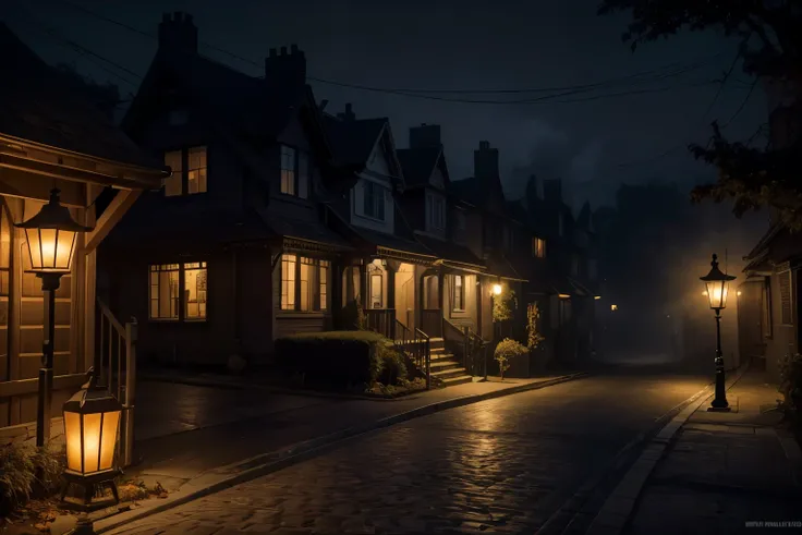 Create a hyper-realistic AI-generated artwork of a Halloween street at night, left side view, with the camera positioned on the sidewalk. The scene should show a quiet street with a few houses decorated for Halloween., but without pumpkins. The environment...