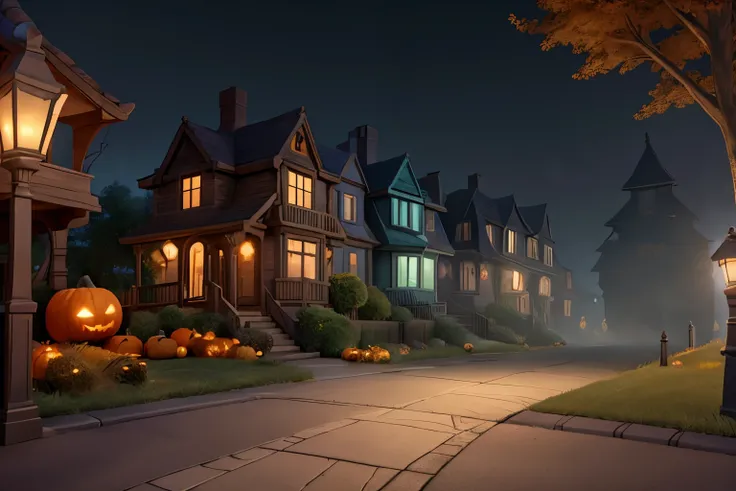 Create a hyper-realistic AI-generated artwork of a Halloween street at night, left side view, with the camera positioned on the sidewalk. The scene should show a quiet street with a few houses decorated for Halloween., but without pumpkins. The environment...