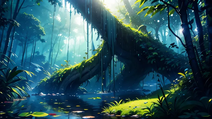 (best quality,4k,8k,highres,masterpiece:1.2),ultra-detailed,(realistic,photorealistic,photo-realistic:1.37),fantasy jungle,giant,ancient tree emerges,tree grows from water,gigantic tropical leaves,partly submerged in water,mysterious,enchanted atmosphere,s...