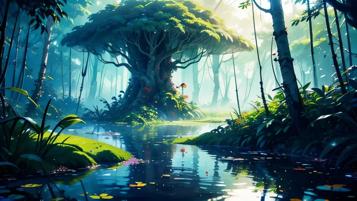 (best quality,4k,8k,highres,masterpiece:1.2),ultra-detailed,(realistic,photorealistic,photo-realistic:1.37),fantasy jungle,giant,ancient tree emerges,tree grows from water,gigantic tropical leaves,partly submerged in water,mysterious,enchanted atmosphere,s...