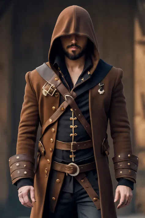 ((best qualityer)), ((work of art)), (detailded), a pirate with only chest armor, he is wearing a brown pirate overcoat, he seems to be the privateer, Your skin tone is black, he is also bald, he wears a hood having, he has a beard but not a big one