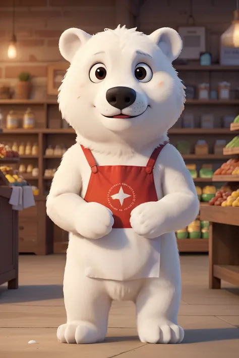 Create an image showing a polar bear wearing a white apron selling ice cubes in a store, This place must be decorated with very small flags of the country of Chile. 