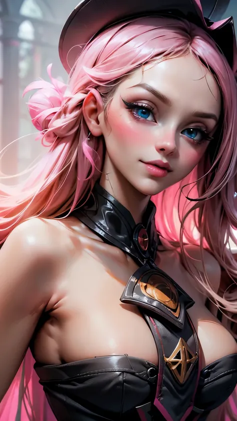 Close-up of the beautiful face of the dark wizard Gils. Extra long eyelashes. crystal blue eyes. brio in the eyes. pink lips. long blonde hair. exposed shoulders, visible breasts. small pink nipples. naked. Big naked breasts Angelic smile, beautiful well d...