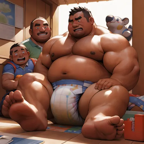 masterpiece, Top quality, in 32K, perfect anatomy, hyper detailed, super fine illustration, The thick man is a brutal retarded prisoner, hairy human, 50yo in Japan, (fatness: 1.0), Fatty muscle, Bowleg, disappointment, incontinent, shy, sissy, Weaker than ...