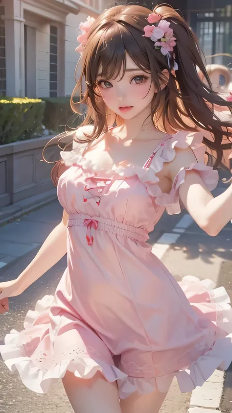 （8K，RAW photos， Best quality， masterpiece：1.2），（Realistically， Photo-realistic：1.4)，masterpiece、so beautiful、Clear outline、Beautiful girl in a cute frilly dress is dancing and posing cutely.