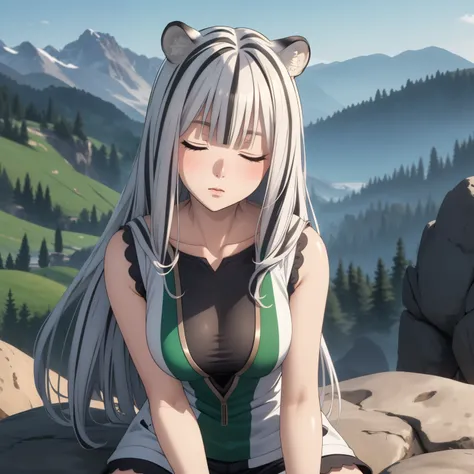 Atlas Fayon woman 40 years, white hair with black stripes ,white tiger ears, Closed eyes, mujer ciega con Closed eyes, green sleeveless low cut tops, big breasts, Green and black low-cut shorts, mountains background.