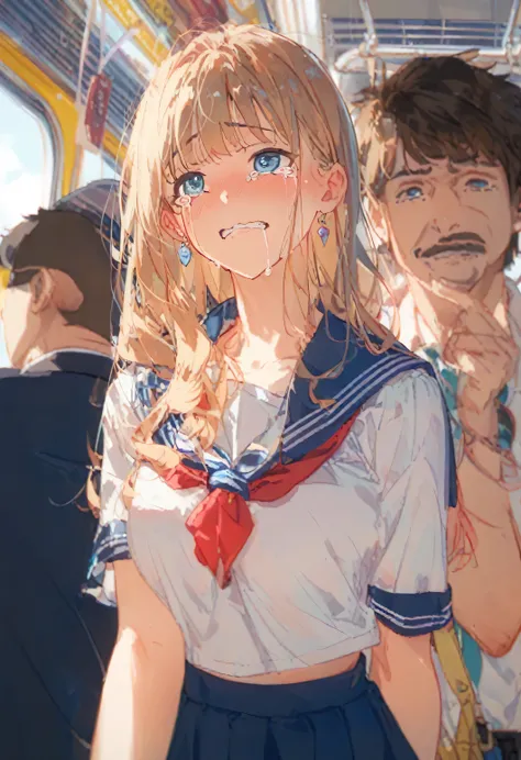 whole body、((crowded train))、((Molester)),((whole body images))、Beautiful sister、((One Girl))、White skin、((A large number of men))、((Sailor suit))、((TİTS))、Long brown hair、bangs、((Crying face、Girls tears、Girl Turning Her Head))、