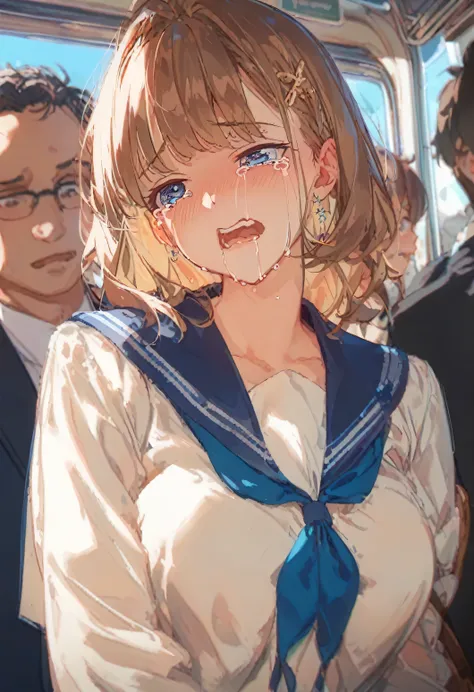 whole body、((crowded train))、((Molester)),((whole body images))、Beautiful sister、((One Girl))、White skin、((A large number of men))、((Sailor suit))、((TİTS))、Long brown hair、bangs、((Crying face、Girls tears、Girl Turning Her Head))、