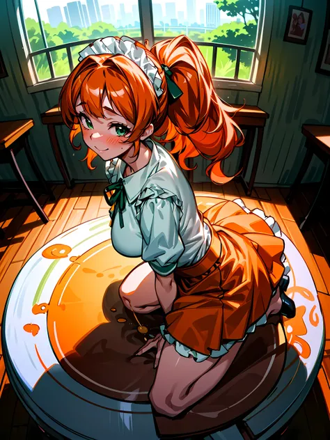 (from the back), by Fisheye Lens, Beautiful girl at 2, Curvy, Large Breasts, Underbust, (Kneeling on the round table), (On the table:1.5), (Leg spread), (Pee in a cup:1.5), (Cup between the legs:1.3), (Classic puffy short sleeve ruffled blouse), (orange mi...