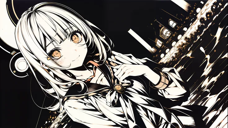 胸に手を当てる、reaching out 、from below、ショートヘア、blunt bangs、輪っかの目、オレンジ色の瞳、v5lcn style,(Best Quality,masutepiece:1.2),(Anime style,Comic Noir Style:1.1),1girl in,cute-style,Adorable,extremely detailed eye,extra detailed face,very detail hair,8K,resolution,High Scho...