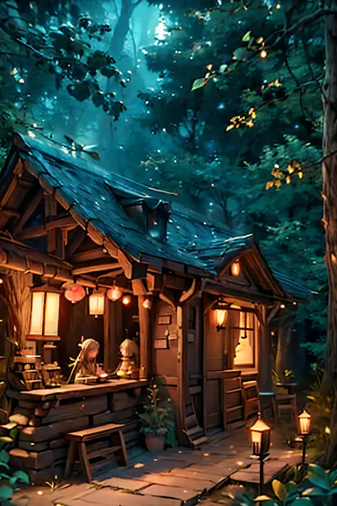 fairies coffee shop, fantasy art style, coffee shop at the woods, woods at night, glowing lanterns