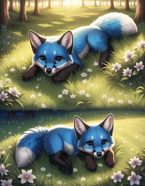 score_9, blue fox, laying down, smol, adorable, blue kit, fuzzy, fluffy, fur, big eyes, detailed eyes, close up, playful, forest, grass, tall grass, flower