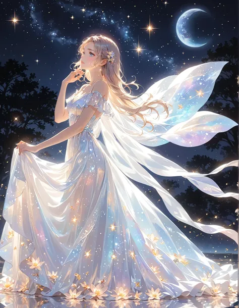 (best quality,4k,8k,highres,masterpiece:1.2),A girl standing alone under the starry night sky, with her silhouette illuminated by the soft moonlight and twinkling stars. Her face is beautifully detailed, with sparkling eyes, long and fluttering eyelashes, ...