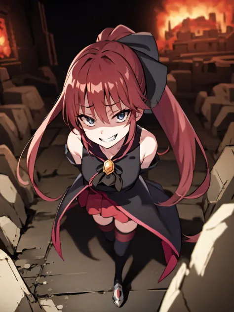 Highest quality, masterpiece, One Girl,Not beautiful, Red Ponytail, Long dress, brooch, Hair Ribbon, Black knee socks, Standwg on the rubble, , ,,Dark shadow face,Sadistic laugh,,Malice,Contempt,smile,latex,Bad face,,Red Skirt,both hands,Two legs,Five Fw...