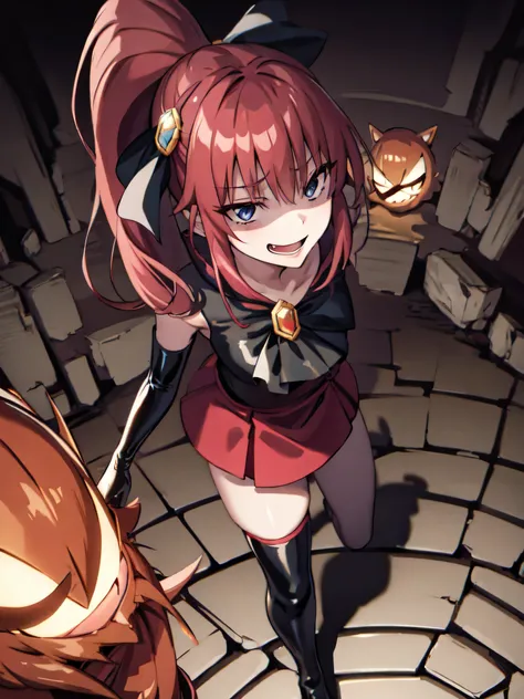 Highest quality, masterpiece, One Girl,Not beautiful, Red Ponytail, Long dress, brooch, Hair Ribbon,shwy latex Black knee socks, Standwg on the rubble, , ,,Dark shadow face,Sadistic laugh,,Malice,Contempt,smile,latex,Bad face,,Red Skirt,both hands,Two leg...