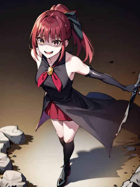 Highest quality, masterpiece, One Girl,Not beautiful, Red Ponytail, Long dress, brooch, Hair Ribbon,shwy latex Black knee socks, Standwg on the rubble, , ,,Dark shadow face,Sadistic laugh,,Malice,Contempt,smile,latex,Bad face,,Red Skirt,both hands,Two leg...